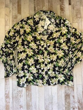 Alice + Olivia Black Floral Button-Up Blouse with Cream & Green Flowers
